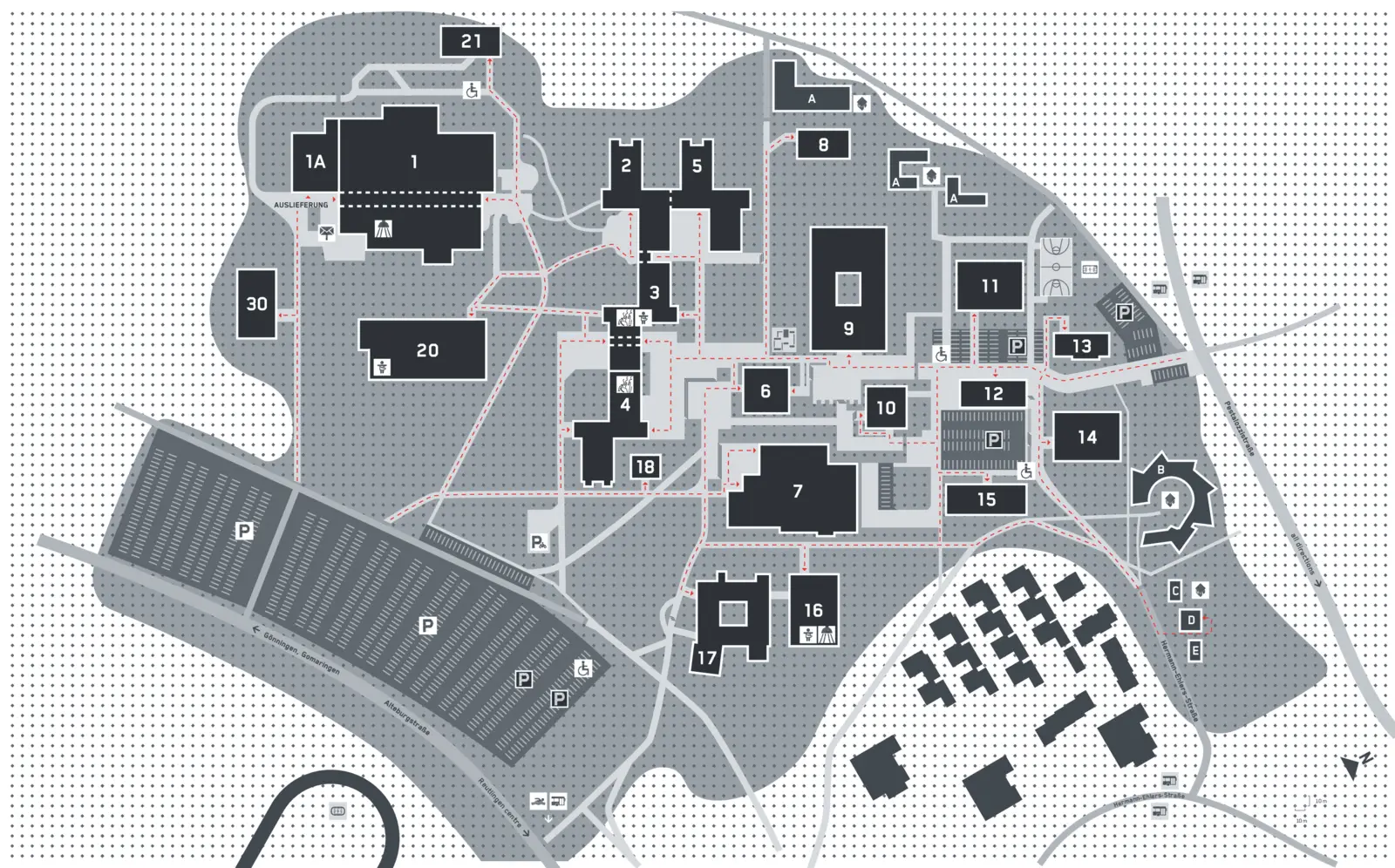 Campusplan der Hochschule Reutlingen mit den Standorten der Periodenspender